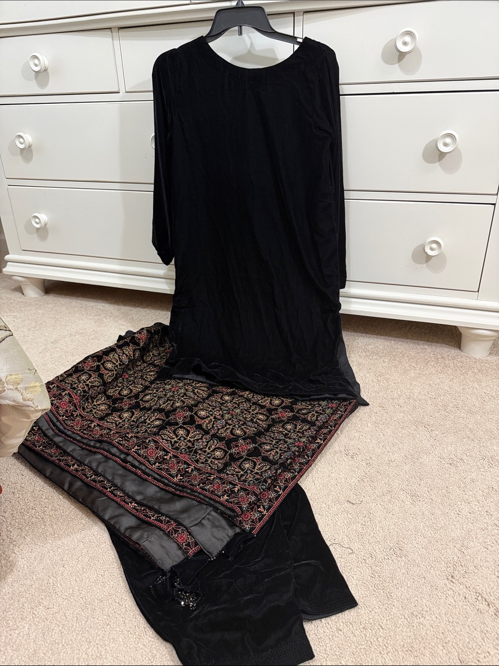 Pakistani Baroque solid velvet shirt ,shalwar and embroidered shawl